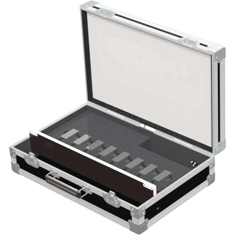 Eight HYT CH10L19 radios securely stored in custom CNC foam inside professional transport flight case
