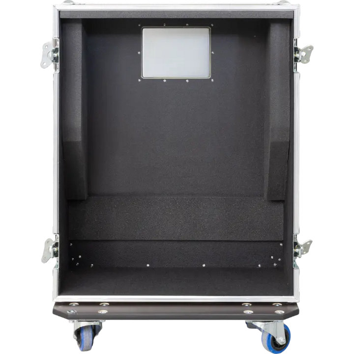 Close-up of the heavy-duty butterfly latches, spring-loaded handles, and corner wheels on the Avantis Solo case