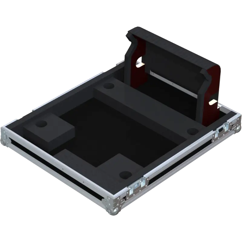 Empty interior of the flight case for Avantis Solo showing precision CNC-cut foam for touchscreen and fader safety
