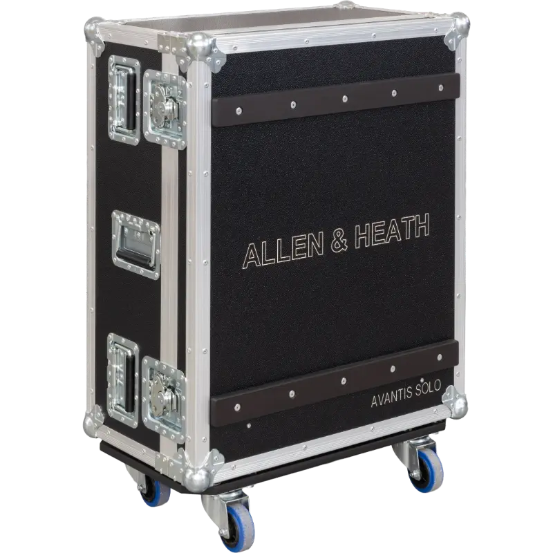 Rear view of the road case for Allen & Heath Avantis Solo showing doghouse cable management and 10mm plywood