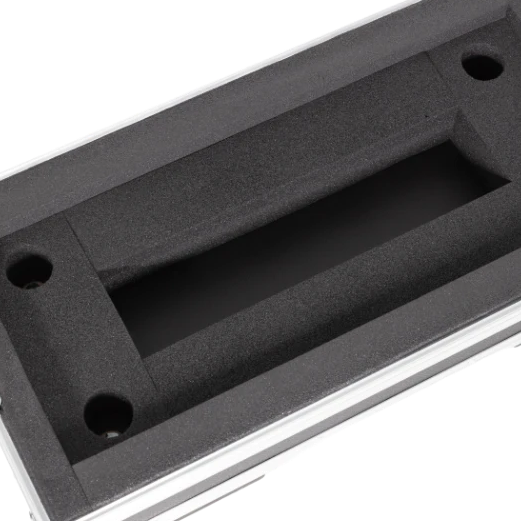Close-up of the key lockable butterfly catches, 80mm castors, and recessed handles on the ALP amplifier series