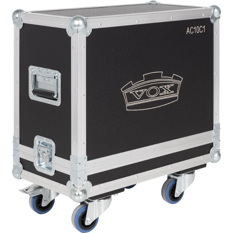 Side view of the VOX AC10C1 flight case showing the 80mm castors and heavy-duty 7mm construction