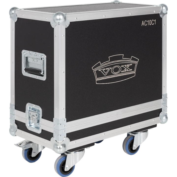 Side view of the VOX AC10C1 flight case showing the 80mm castors and heavy-duty 7mm construction