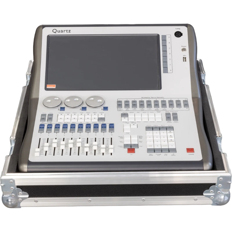 Professional lighting console case open showing the AVOLITES QUARTZ secured by custom CNC foam