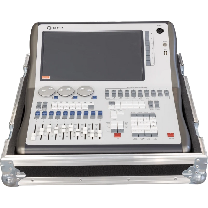 Professional lighting console case open showing the AVOLITES QUARTZ secured by custom CNC foam