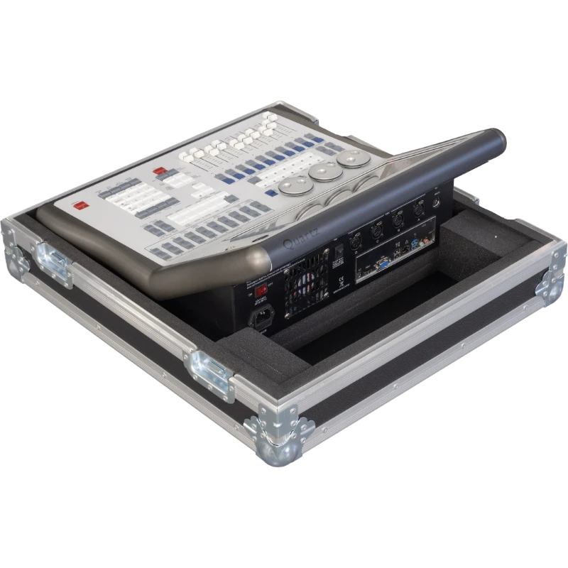 Side view of the AVOLITES QUARTZ flight case showing the 10mm birch plywood and industrial hardware