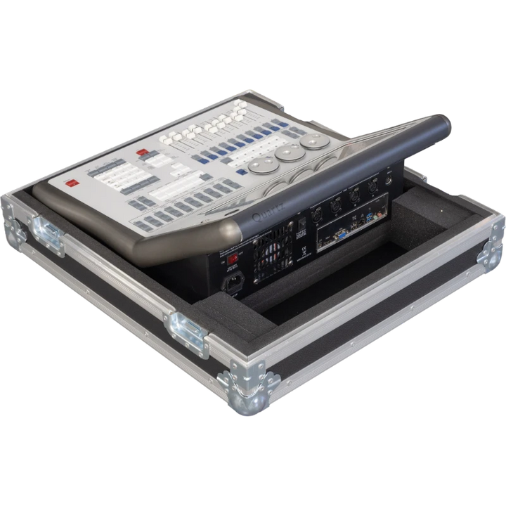 Side view of the AVOLITES QUARTZ flight case showing the 10mm birch plywood and industrial hardware