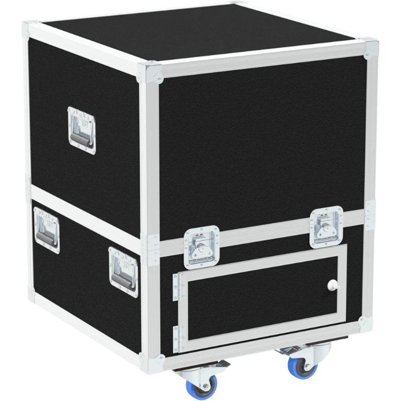 Rear view of the Elysion Pro laser case showing the 10mm birch plywood and industrial hinges