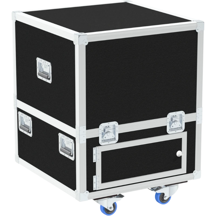 Rear view of the Elysion Pro laser case showing the 10mm birch plywood and industrial hinges