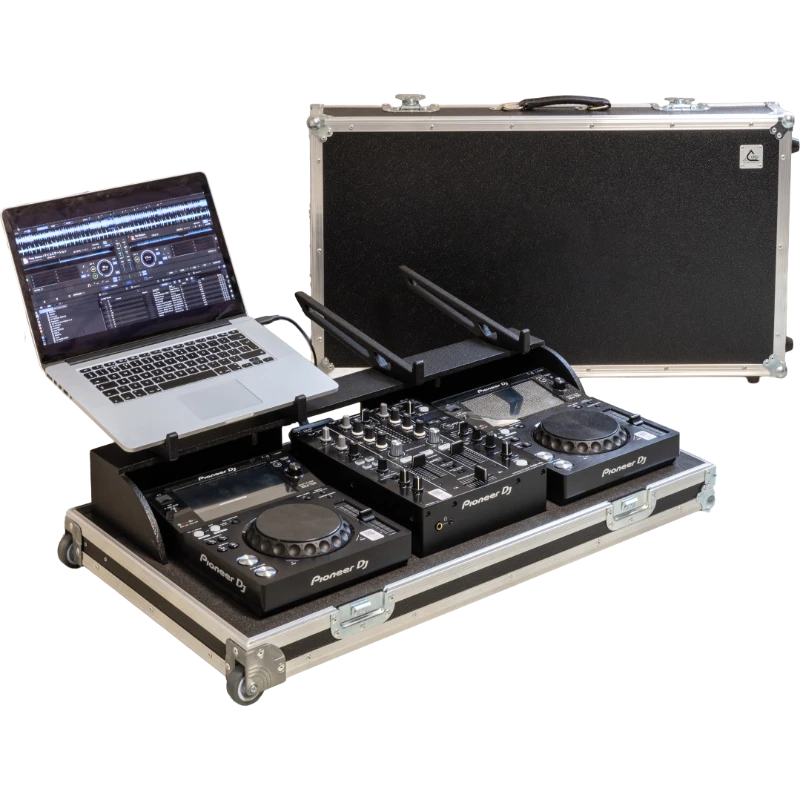 Professional DJ case open showing the Pioneer XDJ-700s and DJM-450 secured by custom foam and the sliding laptop shelf