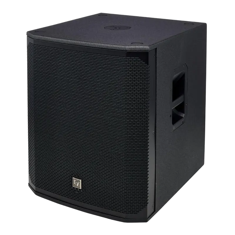 Flight case open showing the Electro-Voice ELX200-18SP subwoofer securely fitted in custom foam padding