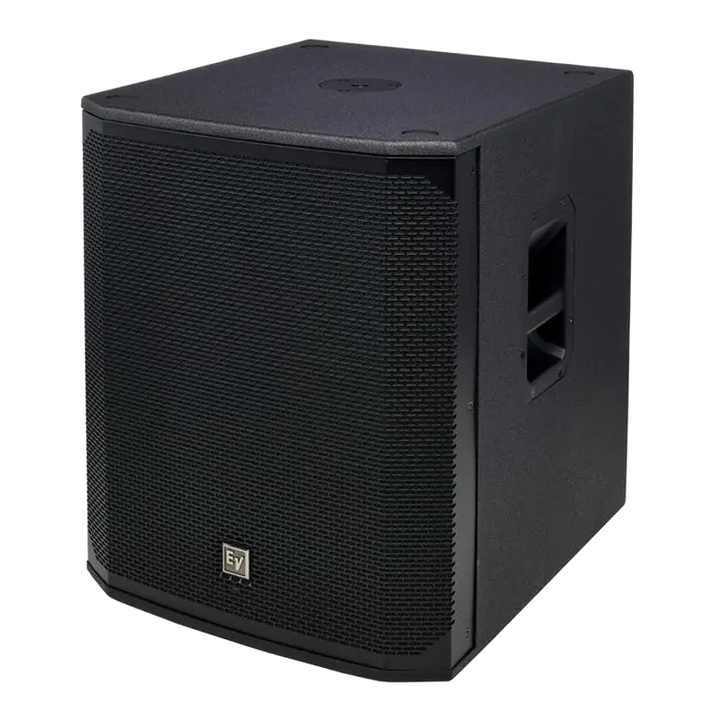 Flight case open showing the Electro-Voice ELX200-18SP subwoofer securely fitted in custom foam padding