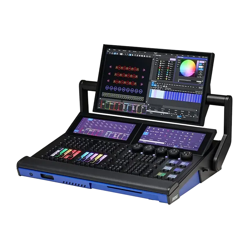 Flight case open showing the ETC Road Hog 4 console in a professional work-in-case configuration