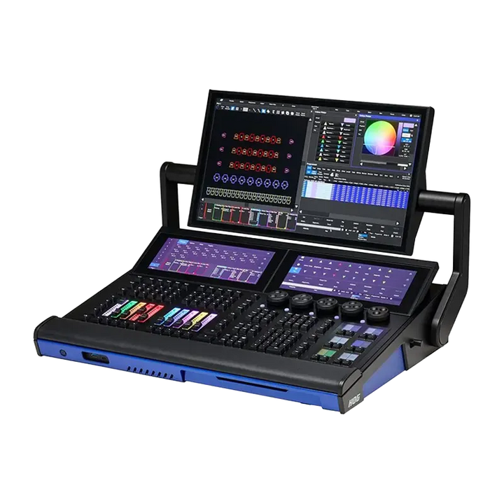 Flight case open showing the ETC Road Hog 4 console in a professional work-in-case configuration