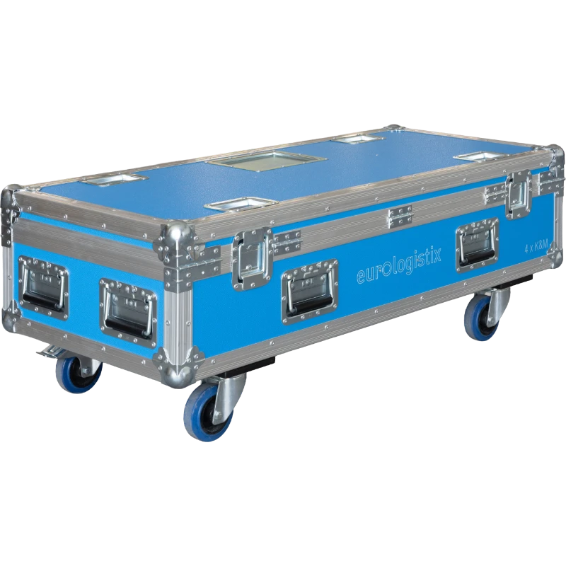 Side view of the 4x K&M tripods flight case showing the 100mm castors and heavy-duty 9mm construction