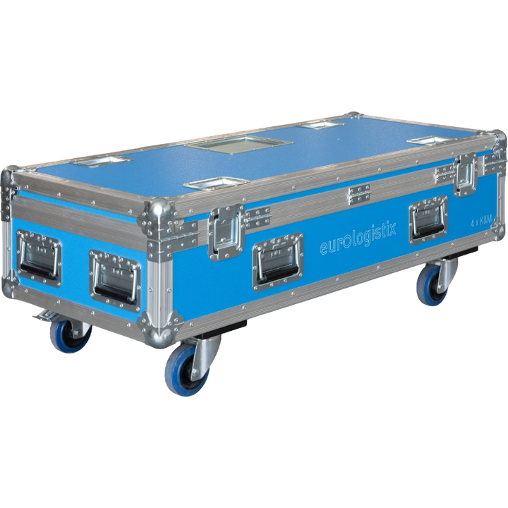 Side view of the 4x K&M tripods flight case showing the 100mm castors and heavy-duty 9mm construction