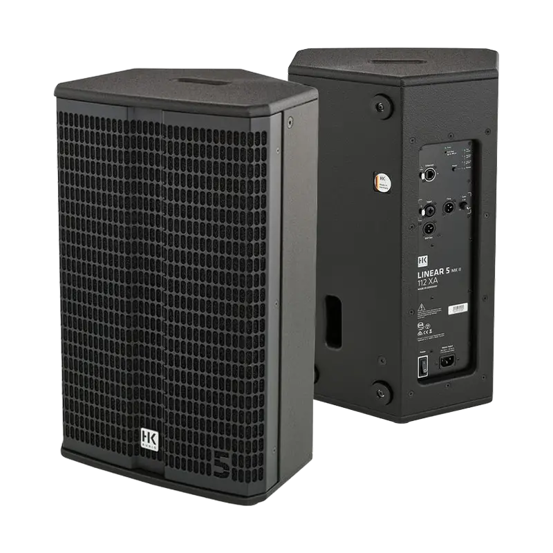 Flight case open showing the HK Audio Linear 5 112 XA speaker securely nested in custom foam inserts