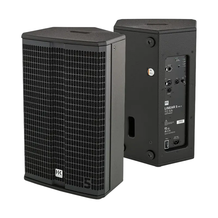 Flight case open showing the HK Audio Linear 5 112 XA speaker securely nested in custom foam inserts