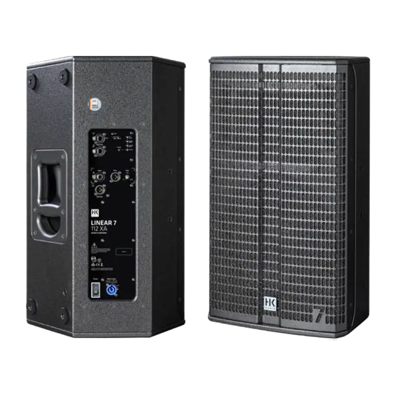 Flight case open showing the HK Audio Linear 7 112 XA speaker securely nested in custom foam inserts