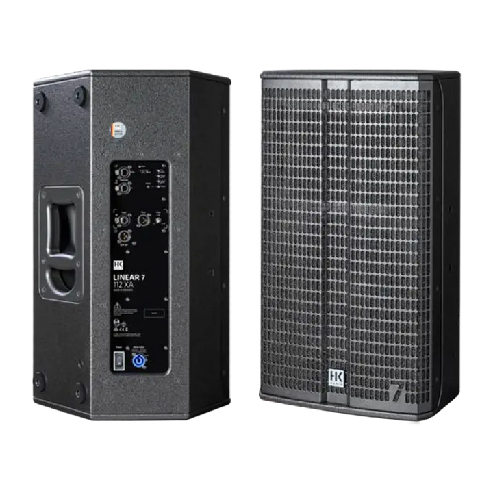 Flight case open showing the HK Audio Linear 7 112 XA speaker securely nested in custom foam inserts