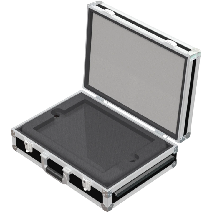 Empty interior of the laptop case highlighting the custom CNC foam lining and cable storage