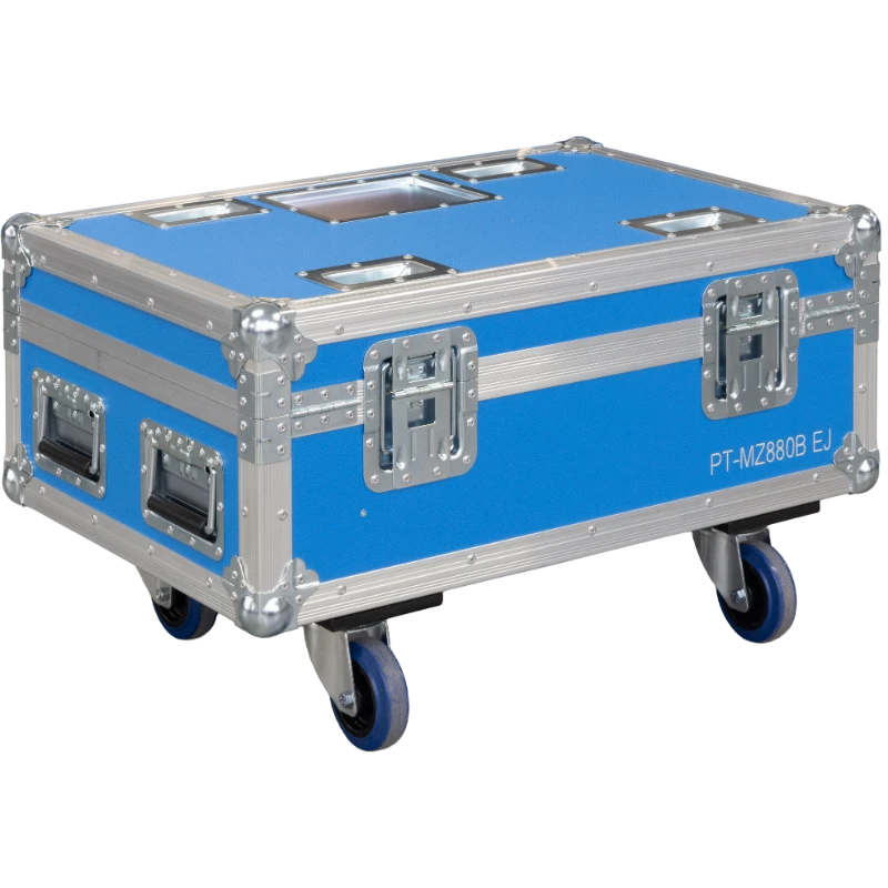Rear view of the Panasonic PT-MZ880B case showing the 10mm birch plywood and industrial stacking dishes