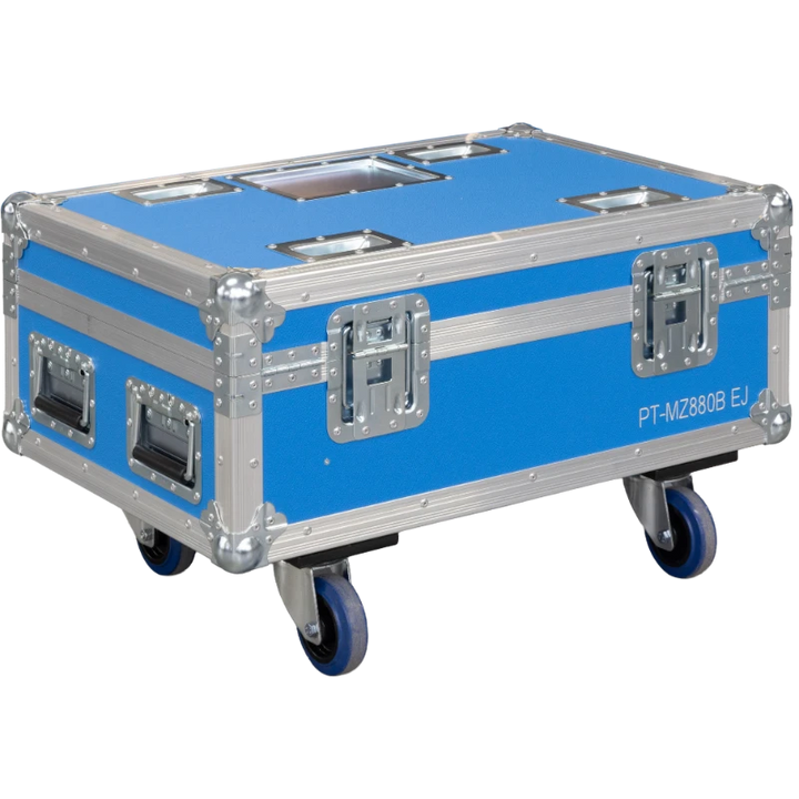 Rear view of the Panasonic PT-MZ880B case showing the 10mm birch plywood and industrial stacking dishes