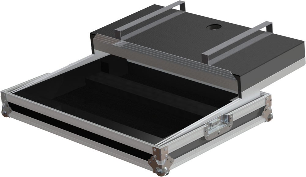 Empty interior of the DDJ-SB3 flight case showing the sliding laptop platform and CNC-cut protective foam