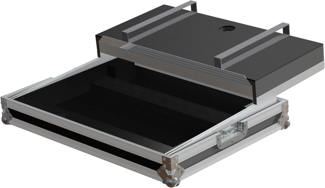 Empty interior of the DDJ-SB3 flight case showing the sliding laptop platform and CNC-cut protective foam