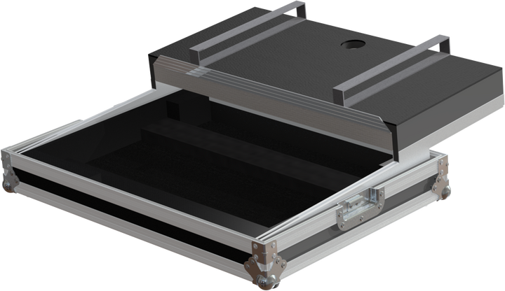 Empty interior of the DDJ-SB3 flight case showing the sliding laptop platform and CNC-cut protective foam