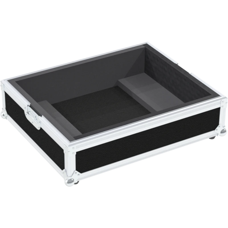 Empty interior of the flight case for Pioneer PLX-1000 showing precision CNC-cut foam for tonearm and counterweight protection