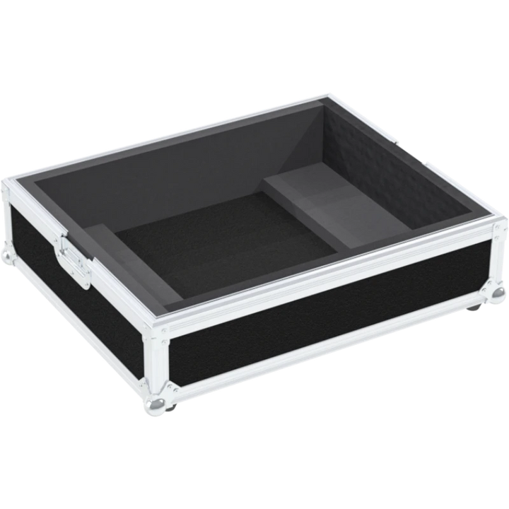 Empty interior of the flight case for Pioneer PLX-1000 showing precision CNC-cut foam for tonearm and counterweight protection