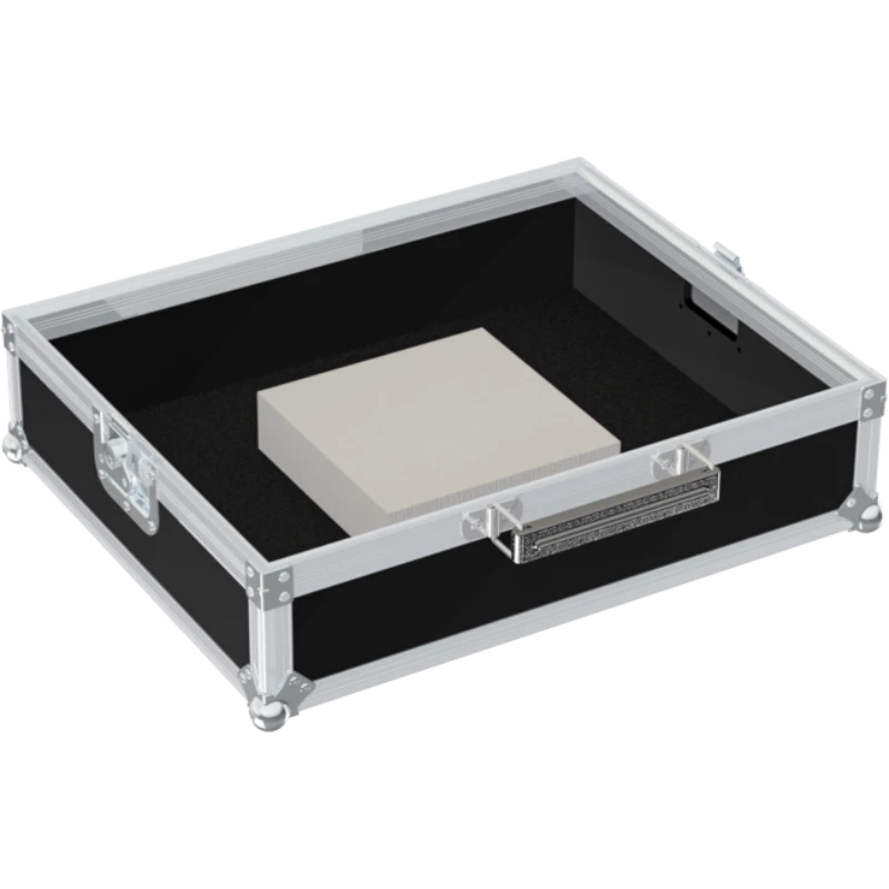 Empty interior of the flight case for Pioneer PLX-1000 showing precision CNC-cut foam for tonearm and counterweight protection