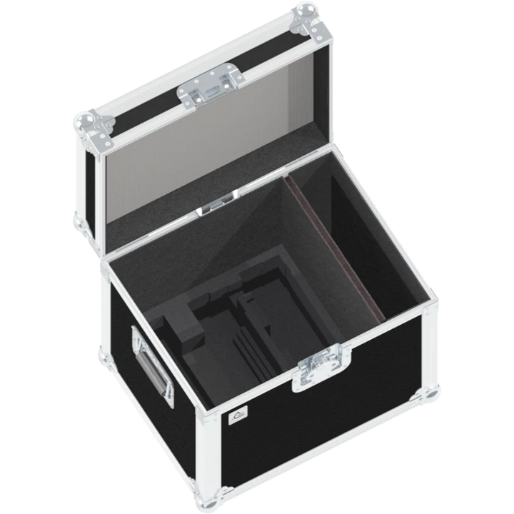 Empty interior of the DJ set flight case showing CNC-cut foam dividers for CDJ players and DJM mixer