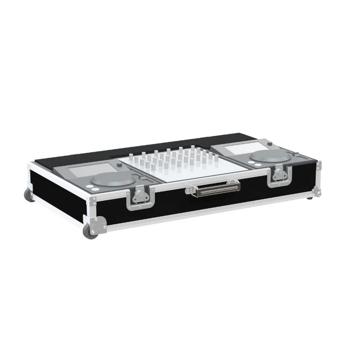 Compact Pioneer DJ setup with 2x XDJ-700 and 1x DJM-700 mixer safely secured inside the custom touring flight case