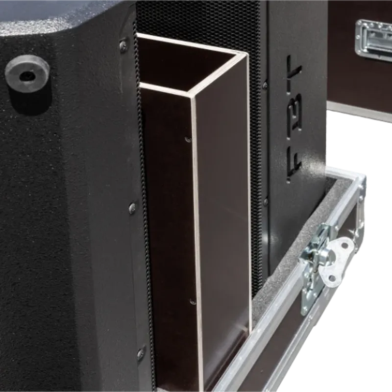 Close-up of the medium butterfly catches, 100mm castors, and recessed handles on the ALP speaker series