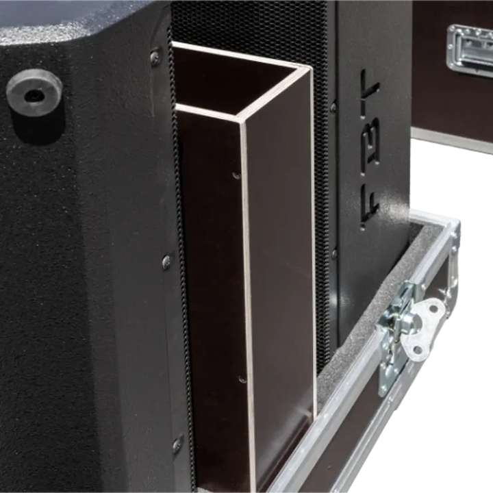 Close-up of the medium butterfly catches, 100mm castors, and recessed handles on the ALP speaker series