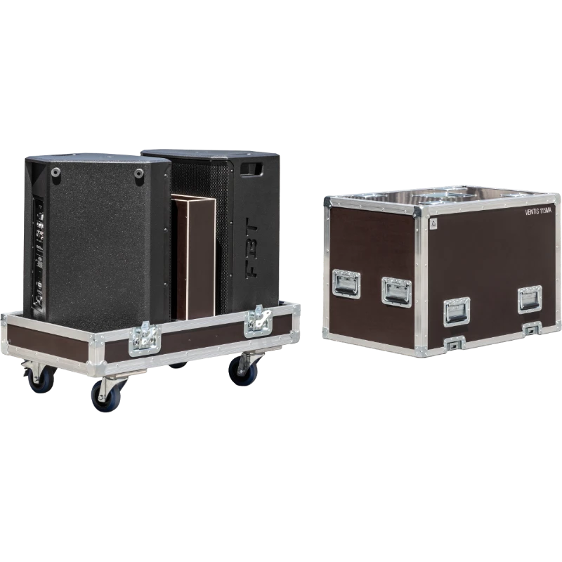 Professional 2x FBT VENTIS 115MA flight case displayed in a live event backstage and stage setup