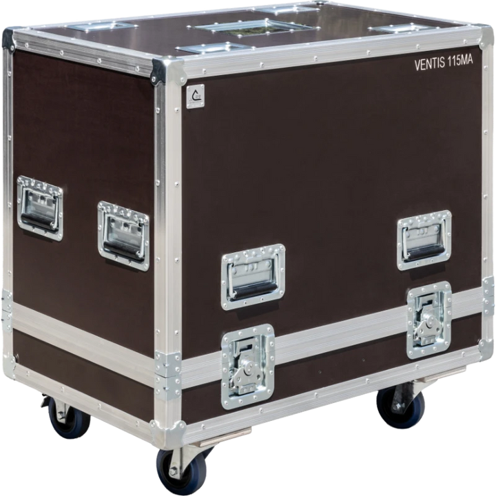 Front view of the professional touring flight case for 2x FBT VENTIS 115MA speakers by ALP Flight Cases