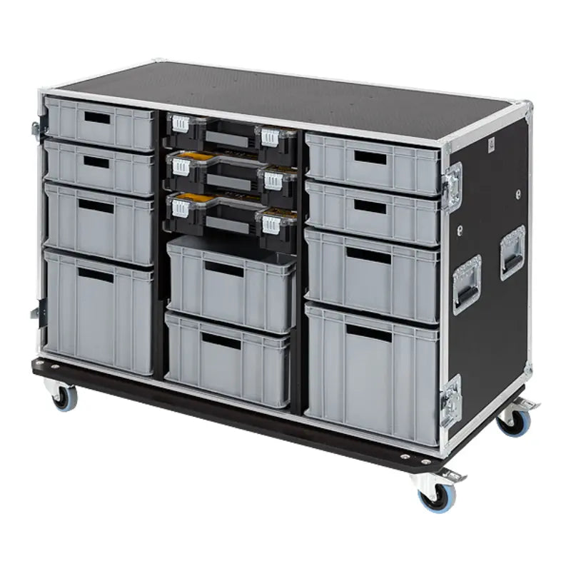 Hybrid Tool Case open showing 10 Euro Containers and 3 Stanley FatMax boxes organized for professional use