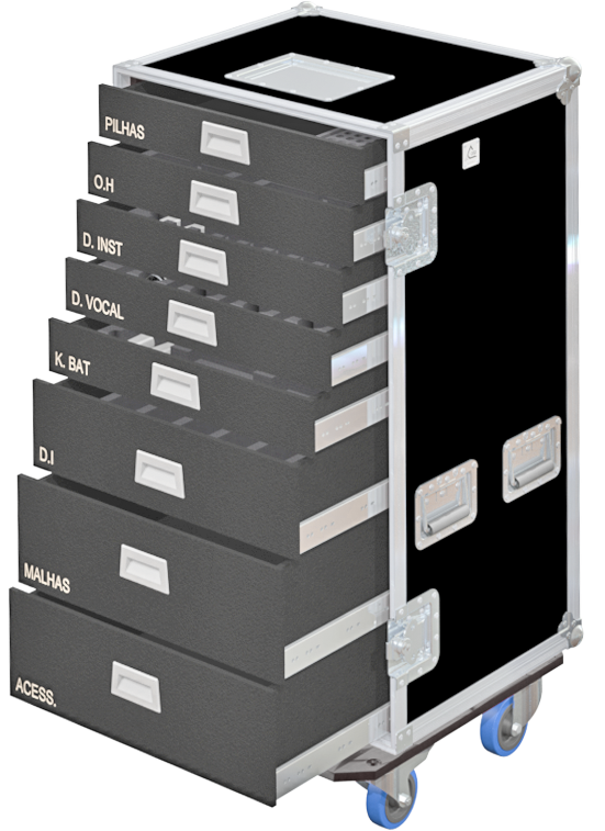 Empty interior of the 21U PRO case highlighting the industrial drawer slides and rack rail system