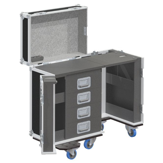 Open tool case office showing internal drawers and front lid converted into a side workstation table
