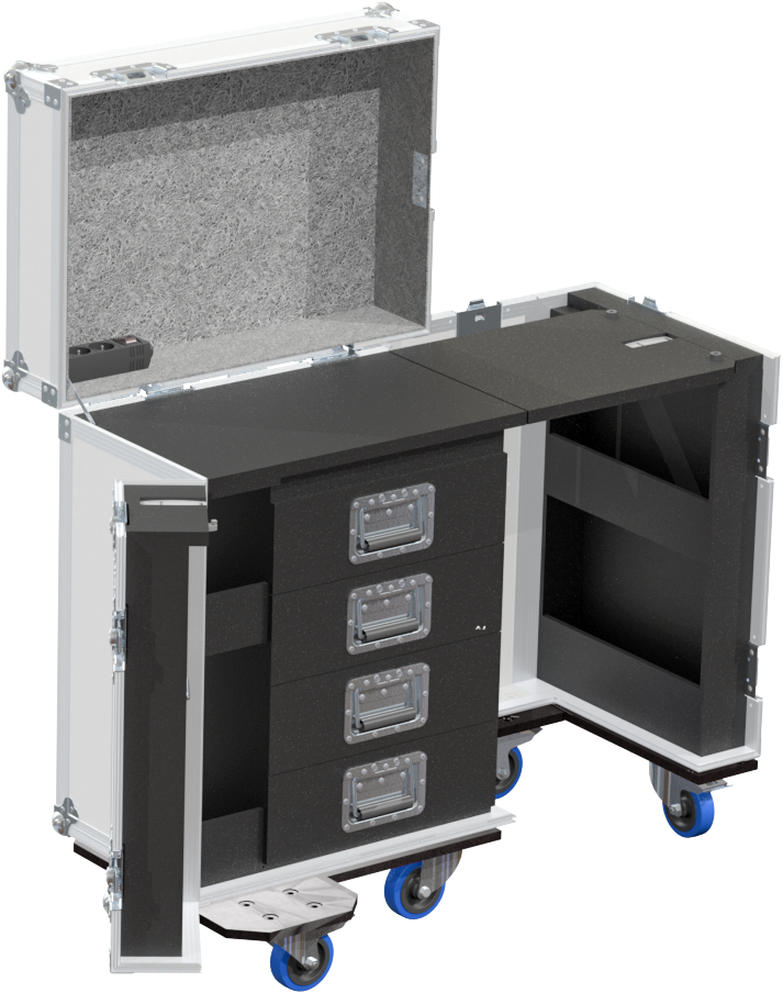 Interior detail of the 700x500x950mm office case highlighting the heavy-duty runners and storage layout