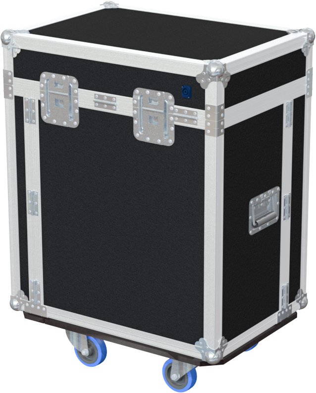 Rear view of the 950mm high office flight case showing 10mm birch plywood and touring hardware