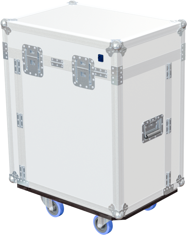 Rear view of the 950mm high office flight case showing 10mm birch plywood and touring hardware white pvc