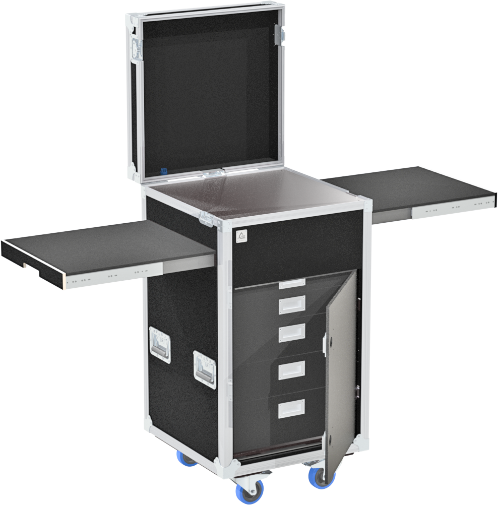 Side sliding PRO case open showing 5 heavy-duty drawers and door tucked into the side pocket