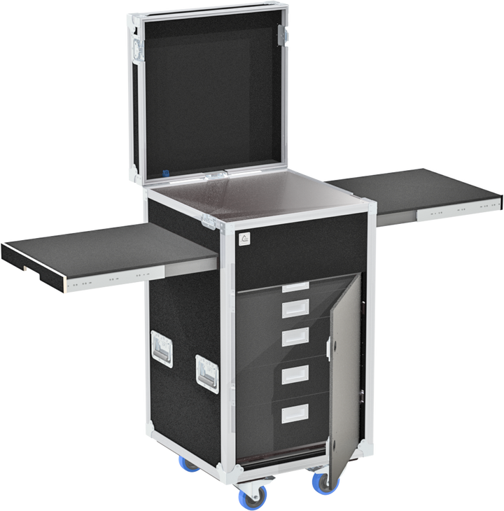 Side sliding PRO case open showing 5 heavy-duty drawers and door tucked into the side pocket