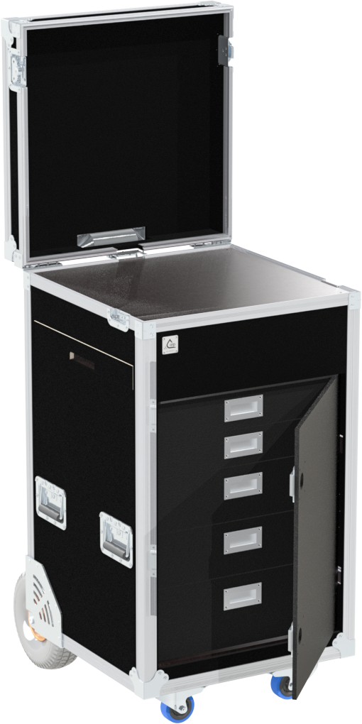 Side sliding TT case open showing 5 heavy-duty drawers and door tucked into the side pocket