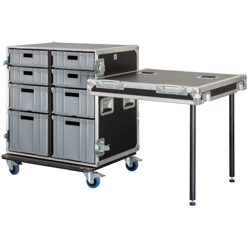 Professional 8x Euro containers toolcase displayed in a live event backstage and industrial setup