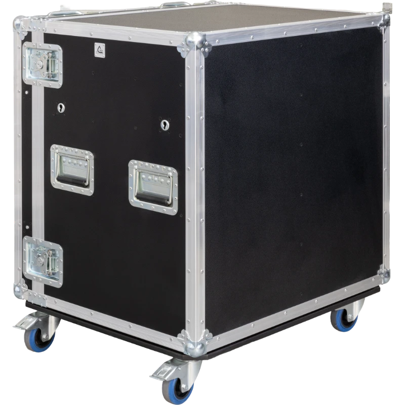 Side view of the mobile workshop flight case showing the 100mm castors and robust 9mm birch plywood construction